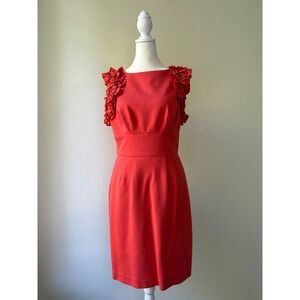 Trina Turk‎ Coral Red Ruffle Shoulder Sheath Dress Women's Size 6 Party Cocktail